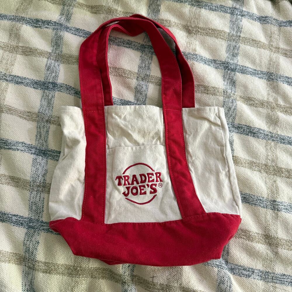 Trader Joe’s Mini Canvas Tote Bag Red Shopping Small Reusable - Picture 4 of 7